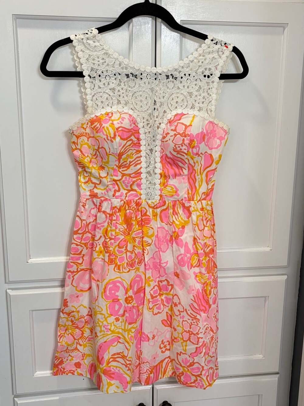 Lilly Pulitzer Size 00 Floral Fit & Flare Dress Pink Orange Crochet Lace Preppy